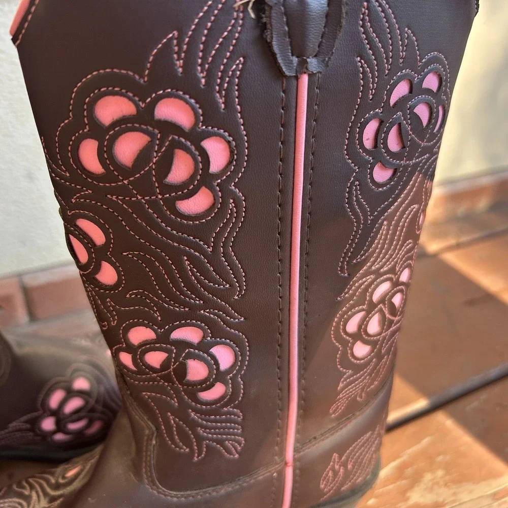 Old West Kids Western Cowboy Boots Brown Pink Rodeo Cut Out Flowers Size 2.5